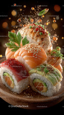 Colorful Sushi Platter with Salmon Tuna Eel and Vegetables