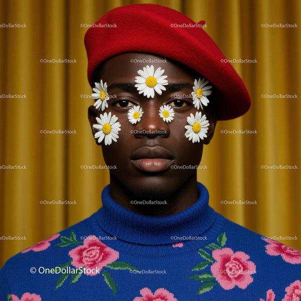 Stylish man wearing red beret with daisies on face