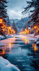 Snowy winter pathway glowing with warm lights