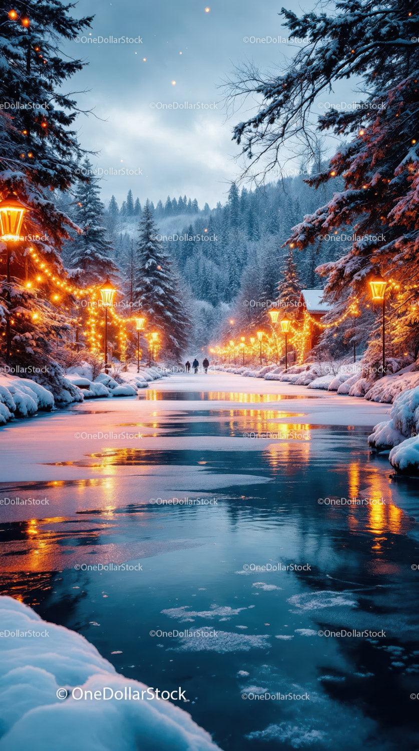 Snowy winter pathway glowing with warm lights
