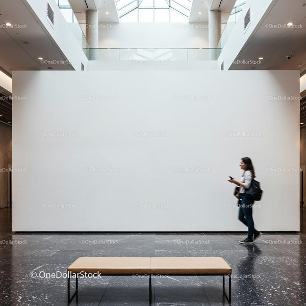 Woman walking in modern art gallery with blank wall JPG Mockup Image