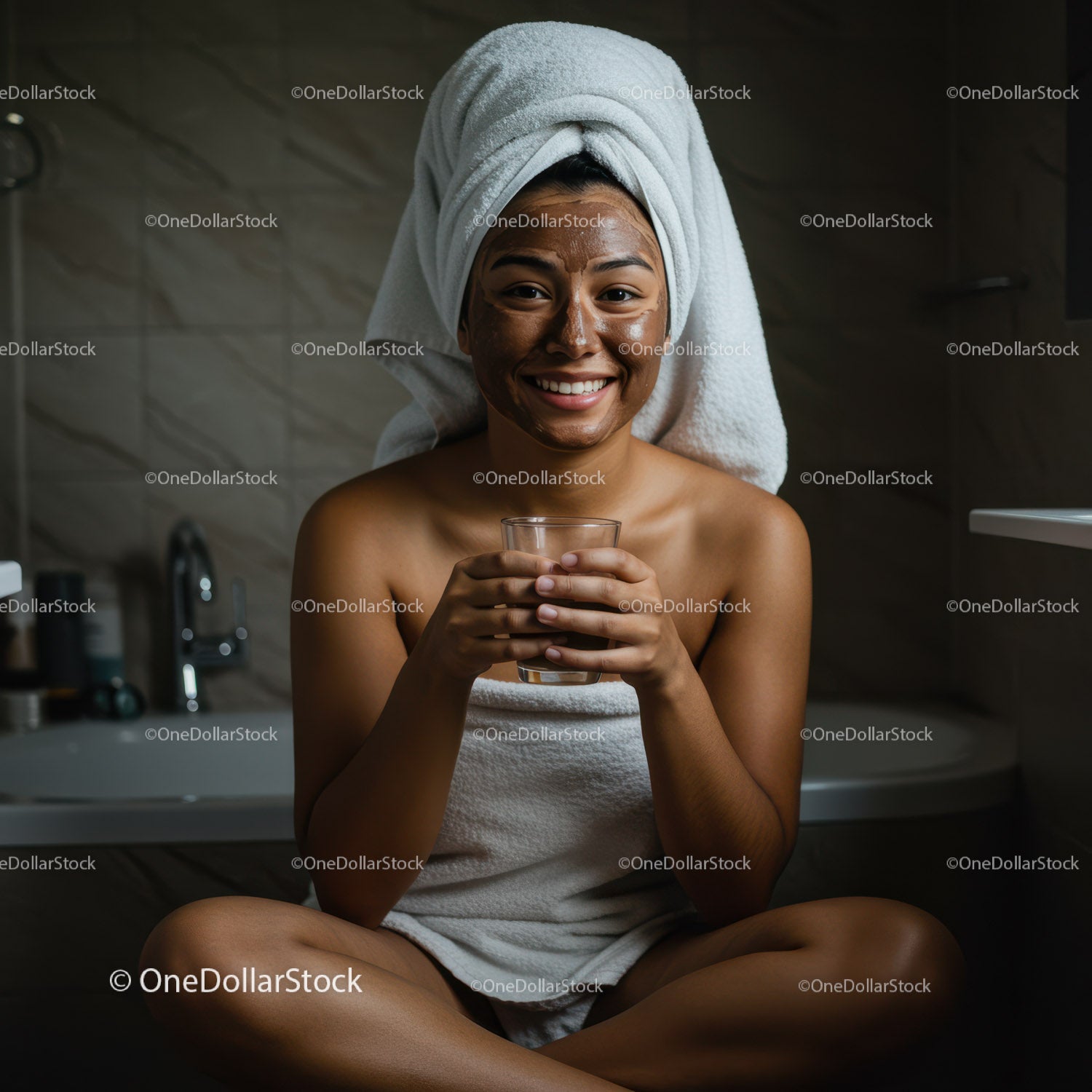 Młoda kobieta korzystająca z maseczki na twarz w przytulnej łazience spa