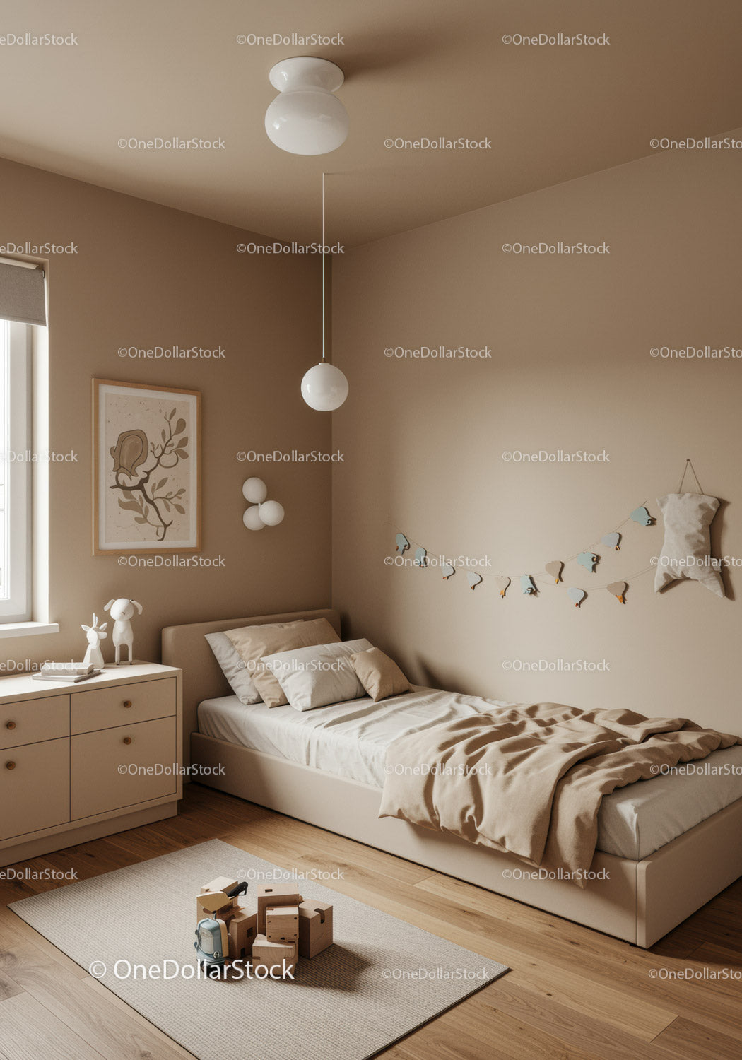Neutral Beige Bedroom with Modern Decor and Child Friendly Atmosphere