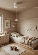 Neutral Beige Bedroom with Modern Decor and Child Friendly Atmosphere