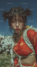 Young Woman in Red Jacket with Edgy Style Outdoors Under Blue Sky