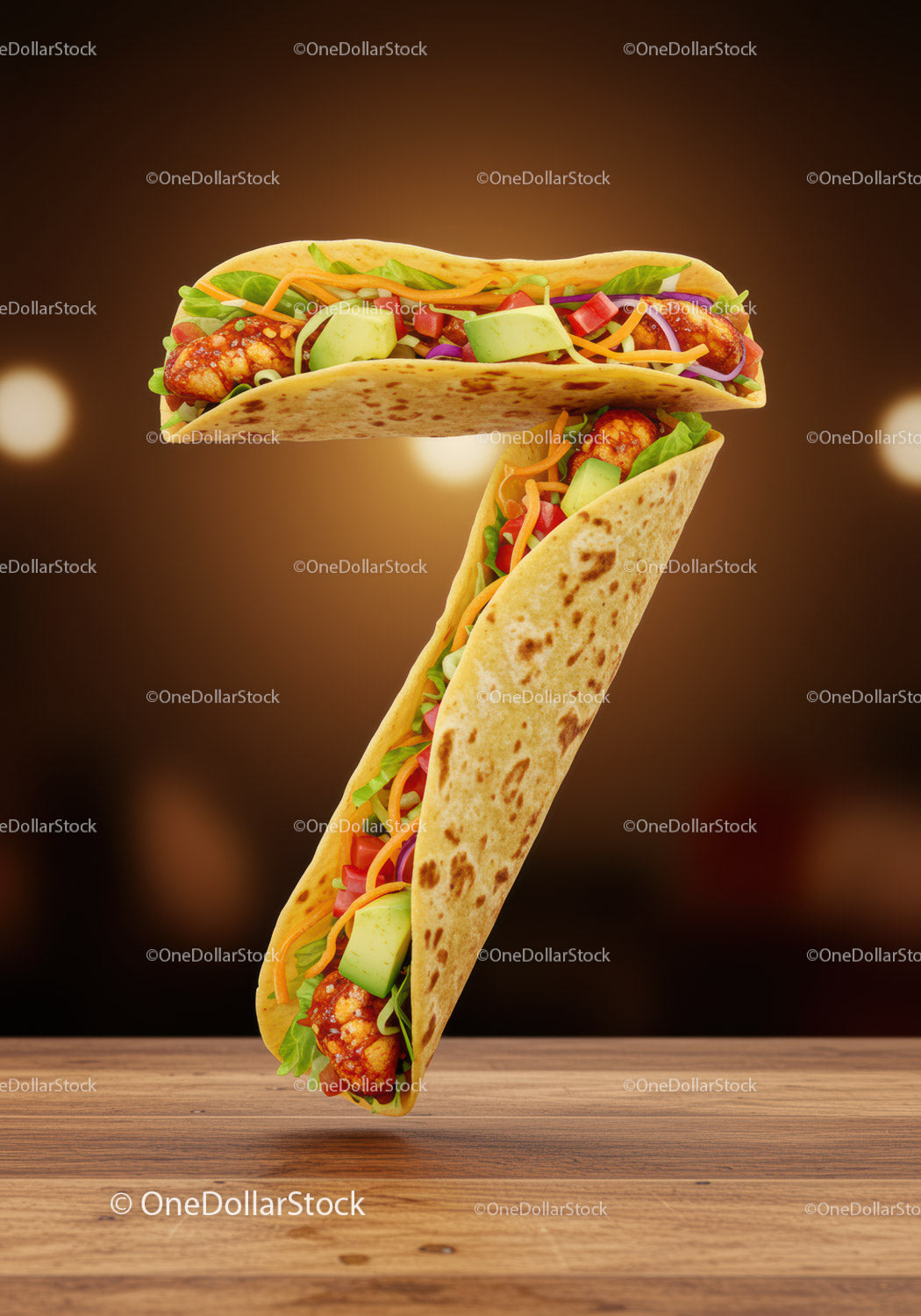 Number Seven Shaped Fresh Veggie Taco on Wood Table