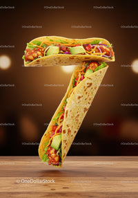 Number Seven Shaped Fresh Veggie Taco on Wood Table