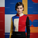 Woman wearing artistic color block fashion jacket
