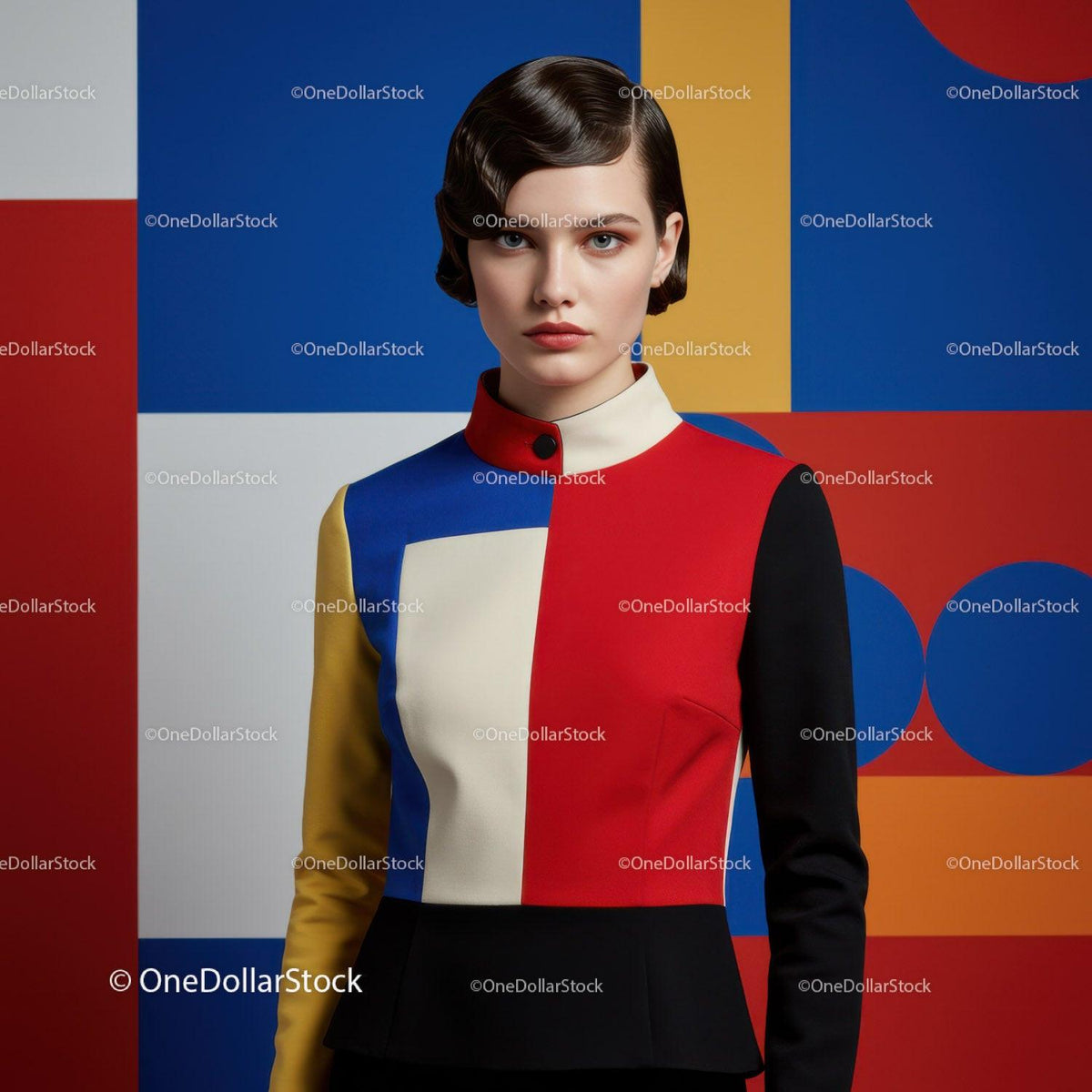 Woman wearing artistic color block fashion jacket