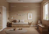 Cozy Kids Bedroom with Natural Wooden Furniture and Soft Decor