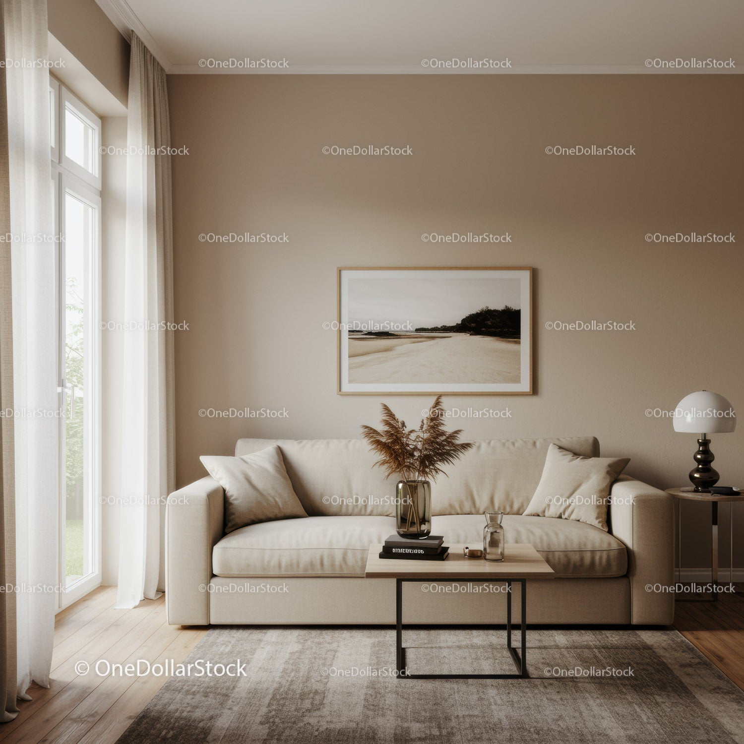Elegancki, nowoczesny salon z beżową sofą i grafiką ścienną
