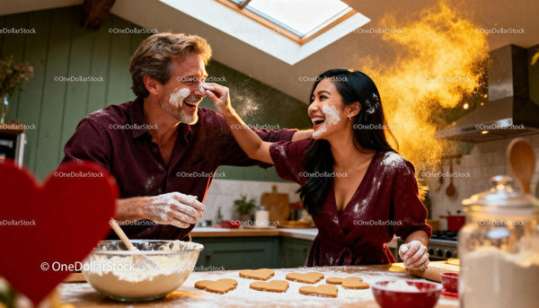 Couple Playfully Baking Heart Cookies Together