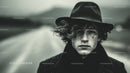 Young Man Wearing Hat with Curly Hair in Moody Black and White Portrait