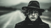 Young Man Wearing Hat with Curly Hair in Moody Black and White Portrait