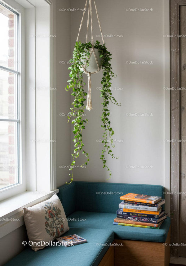 Indoor Ivy Plant in Macrame Hanger in Cozy Corner with Books and Cushion