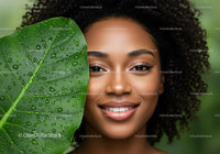Vibrant Portrait of a Smiling Woman with Curly Hair and Tropical Leaf