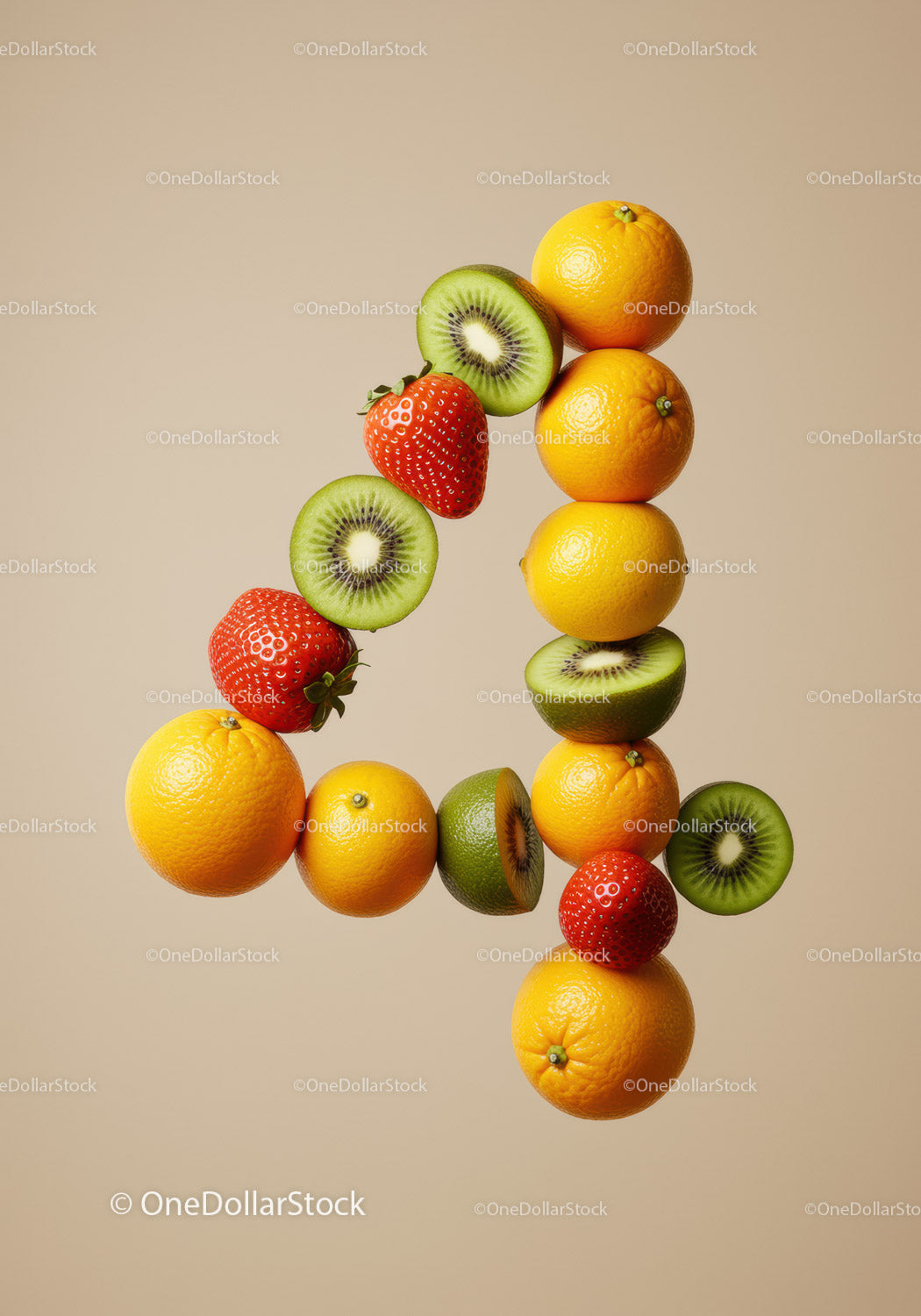 Number Four Shaped from Fresh Colorful Fruits