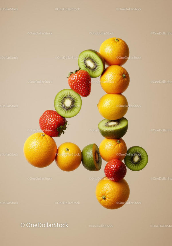 Number Four Shaped from Fresh Colorful Fruits