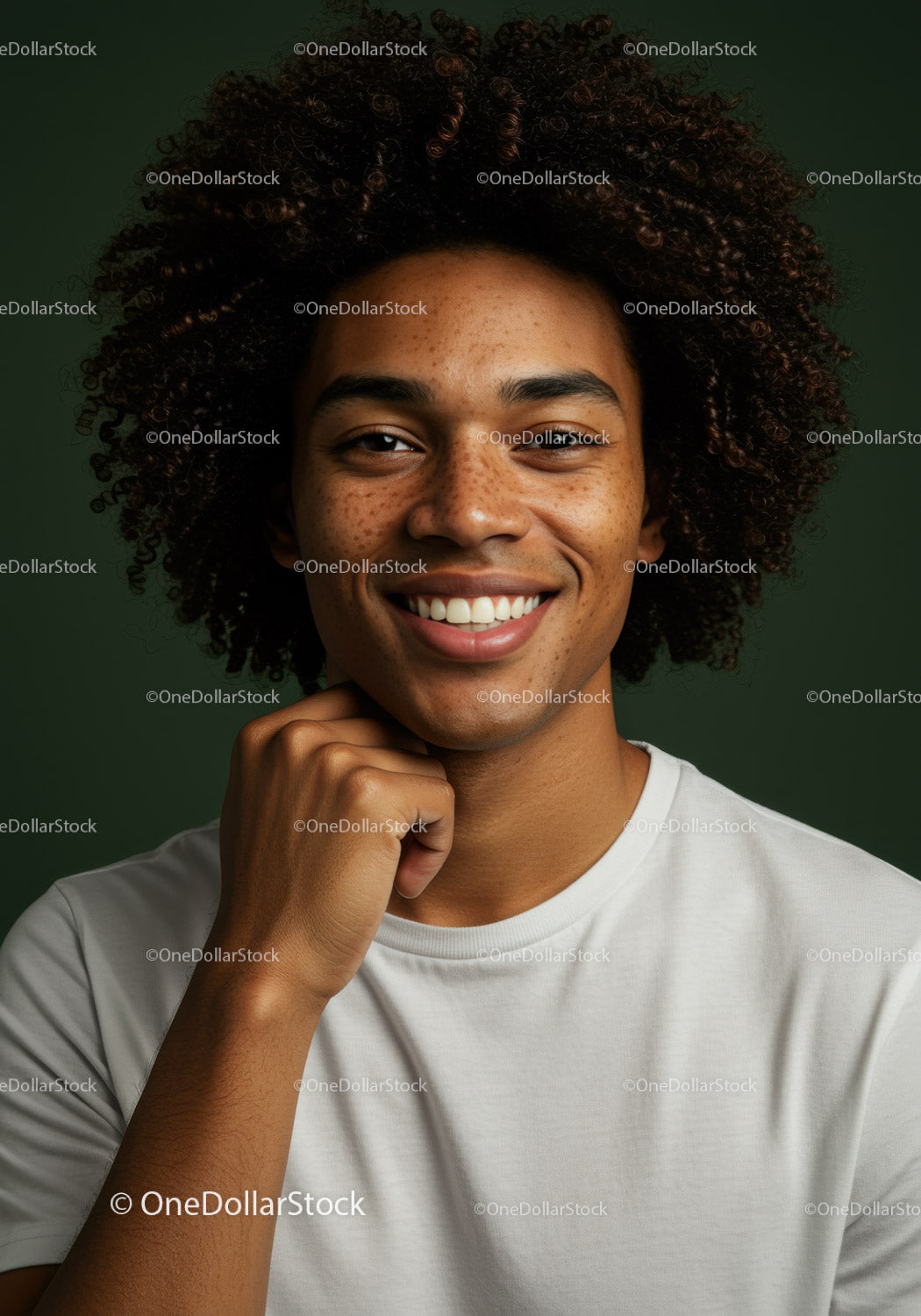 Young Woman With Curly Hair Smiling Cheerfully Over Green Background