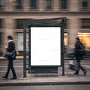 Urban blank bus stop billboard with blurred pedestrians