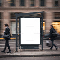 Urban blank bus stop billboard with blurred pedestrians