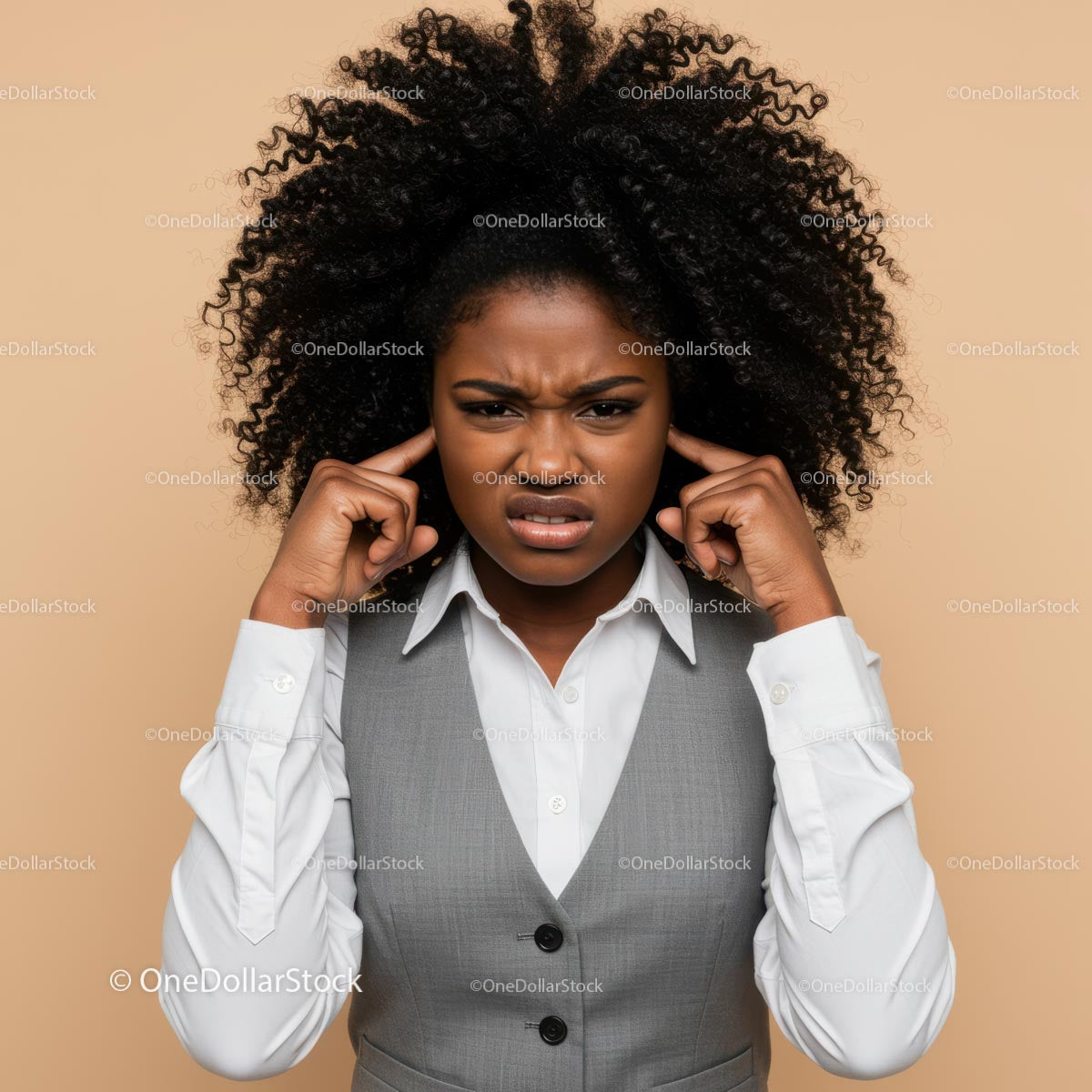 Frustrated Woman Covering Ears with Annoyed Expression
