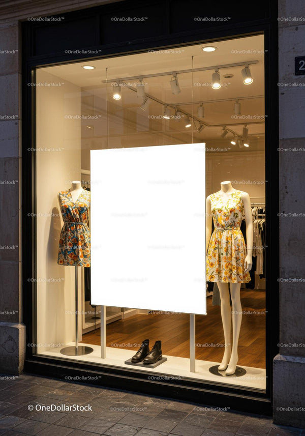 Floral Summer Dresses Displayed in Boutique Window JPG Mockup Image