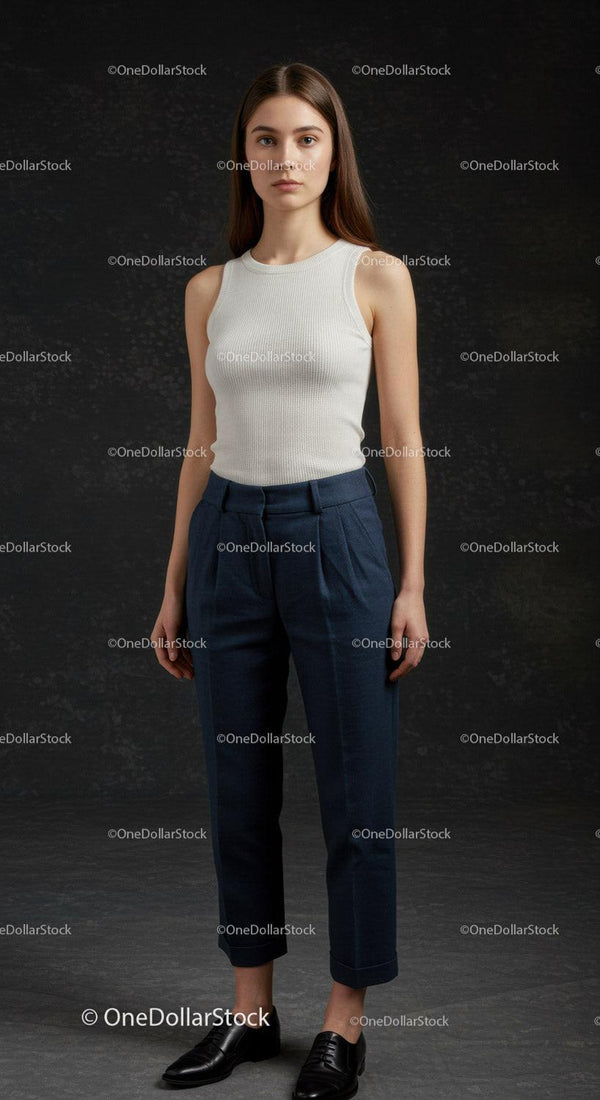 Elegancka młoda kobieta w granatowych spodniach i bezrękawniku w studio
