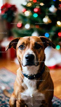 Portrait of a calm dog with Christmas lights bokeh