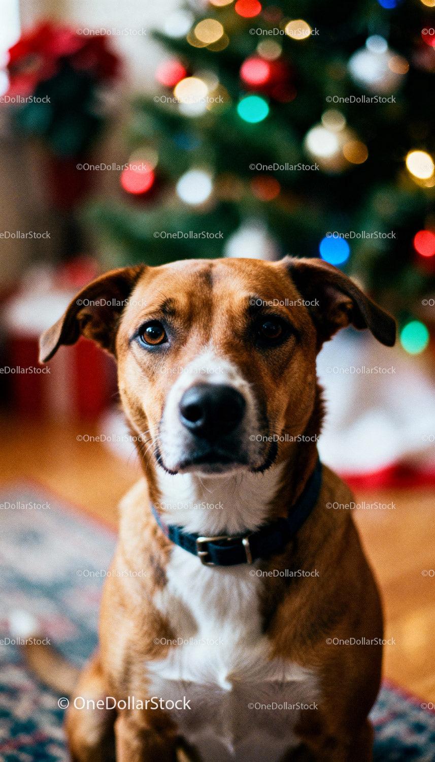Portrait of a calm dog with Christmas lights bokeh