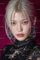 Glamorous Blonde Woman with Lace Dress and Chic Accessories