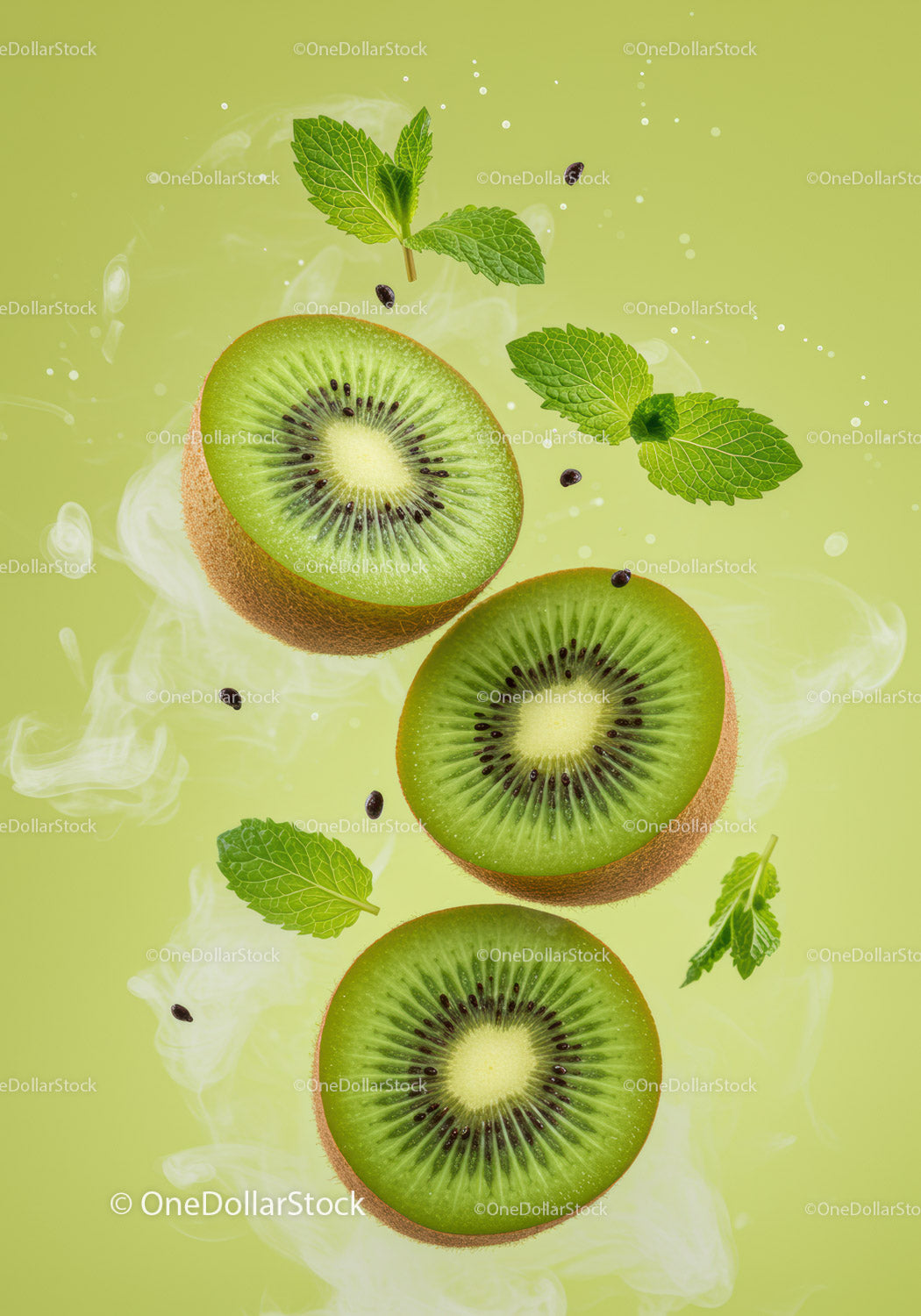 Świeże plasterki kiwi z liśćmi mięty na zielonym tle