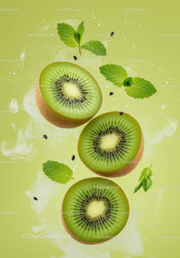 Fresh kiwi slices with mint leaves on green background