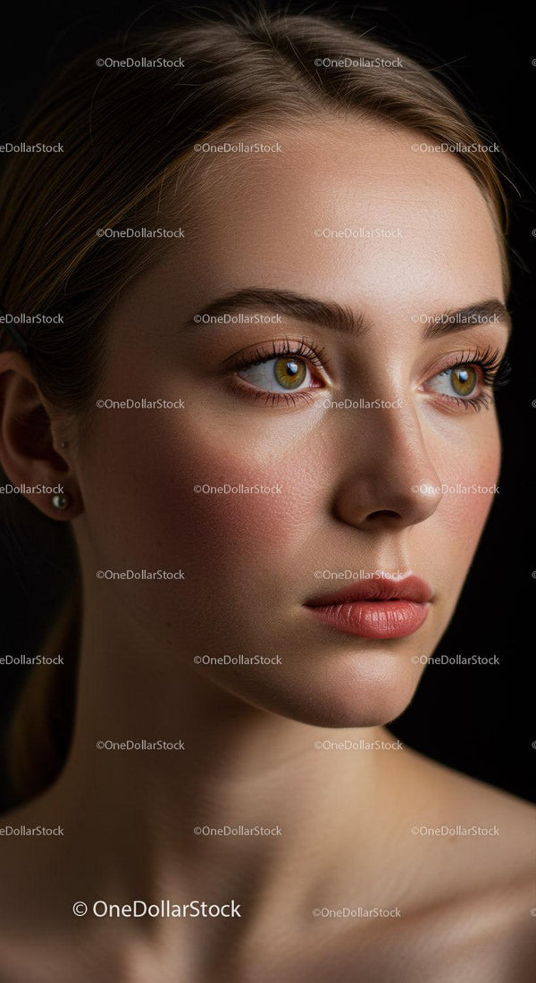 Young Woman with Bright Green Eyes and Natural Makeup Close-Up