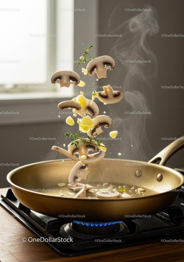 Sautéing Fresh Mushrooms with Garlic and Thyme in Pan