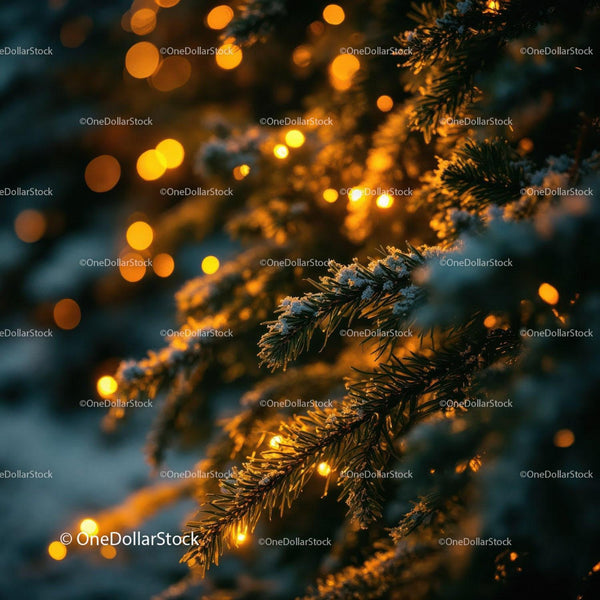 Snow Dusting Pine Branches with Warm Holiday Lights