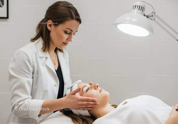 Sesja zabiegu pielęgnacji skóry w nowoczesnej klinice dermatologicznej z kobietą otrzymującą zabieg na twarz