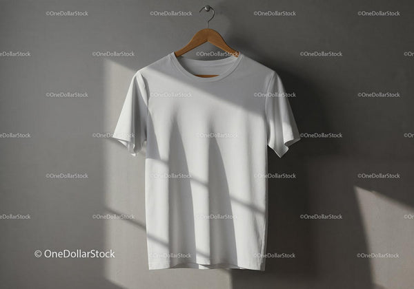 Plain White T Shirt Hanging on Wooden Hanger JPG Mockup Image
