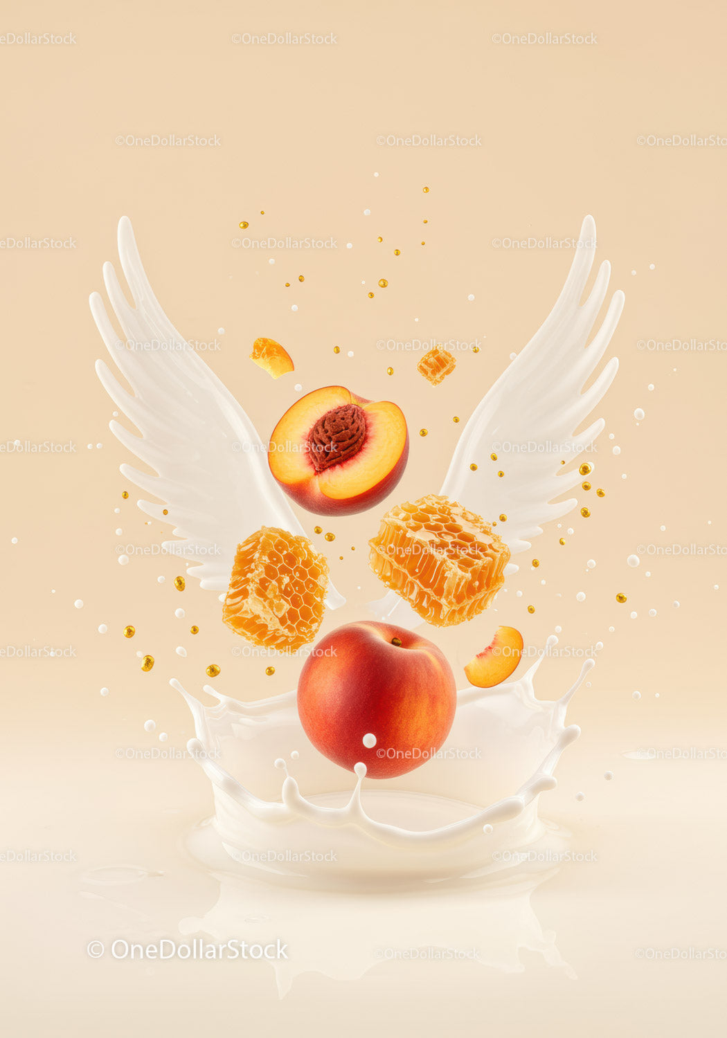 Fresh peaches and honeycomb with milk splash wings