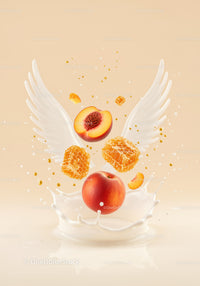 Fresh peaches and honeycomb with milk splash wings