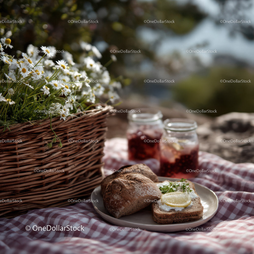 Rustykalny piknik na świeżym powietrzu ze świeżymi stokrotkami, chlebem i dżemem