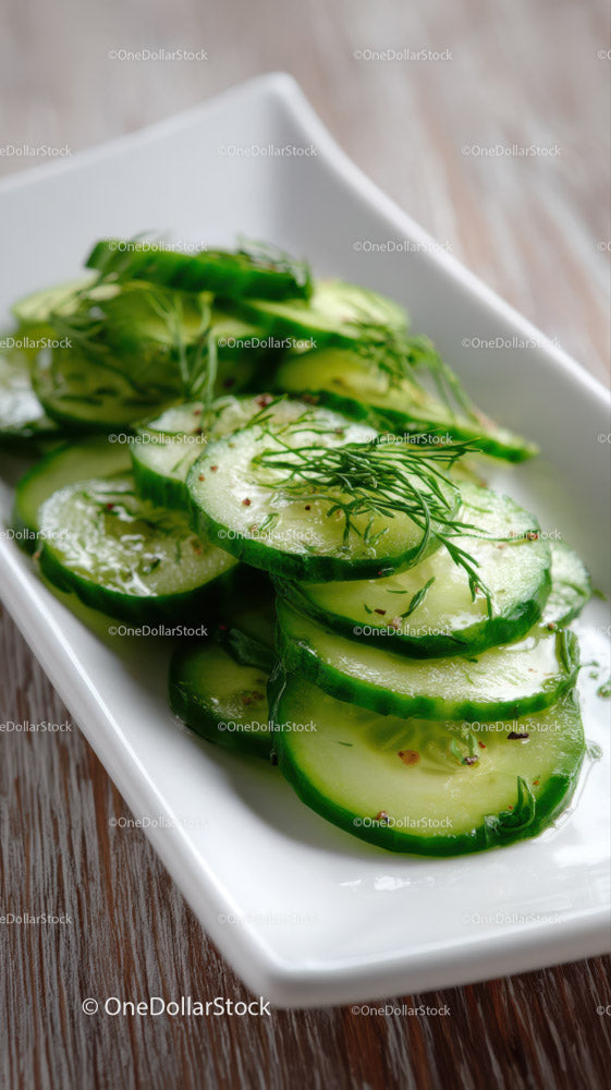 Fresh Cucumber Slices Garnished with Dill on White Plate