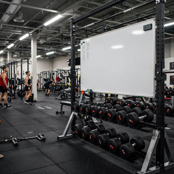 Modern Gym Interior with Dumbbells and Workout Area JPG Mockup Image