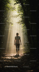Woman Walking Through Sunlit Forest Path
