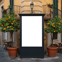 Urban street corner with blank billboard and orange trees