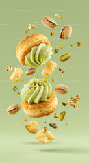 Pistachio Cream Pastries with Crumbled Nuts in Air
