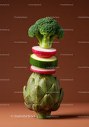 Creative stack of fresh vegetables on brown background
