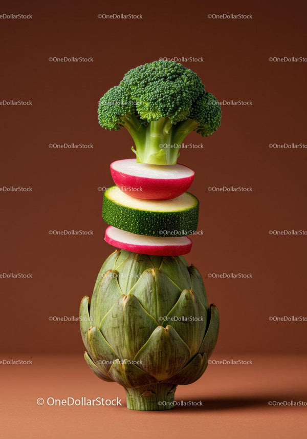 Creative stack of fresh vegetables on brown background