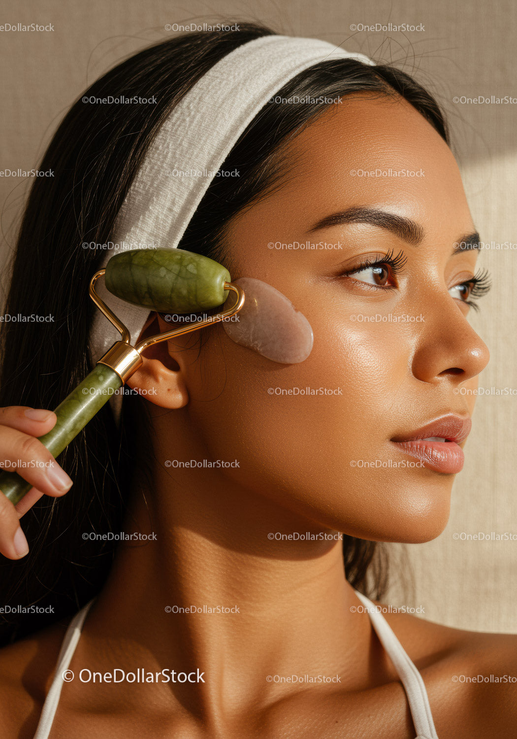 Young Woman Using Jade Roller for Face Massage and Skin Care