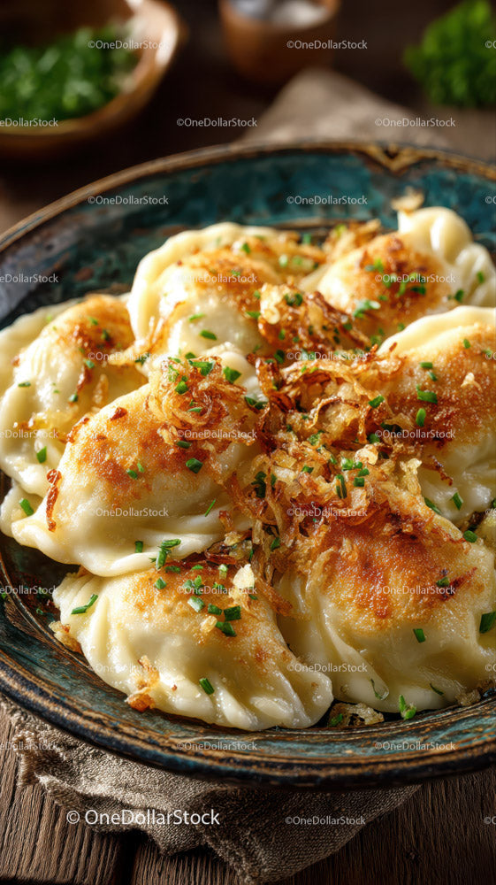 Chrupiące smażone pierożki ze szczypiorkiem na rustykalnym talerzu